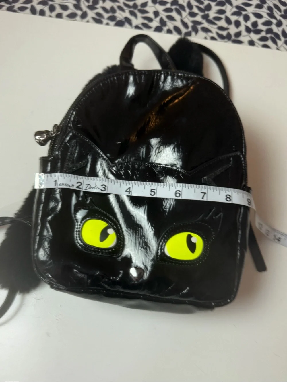 Betsey Johnson Black Glossy Meow In The Dark Cat Eyes Faux Fur Mini Backpack